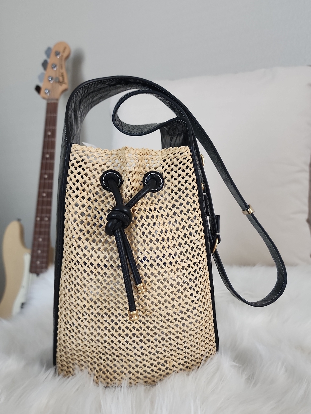 Tory Burch Raffia with Black Leather Trim Bucket Bag